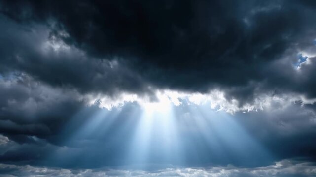 Rays of light pierce through dark, ominous storm clouds, creating a dramatic contrast and a sense of hope amid the gloom. ..Created with Generative AI, not depicting real subjects.