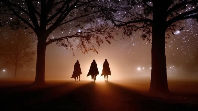 Three robed figures shrouded in mystery walk through a foggy, starlit park at night, creating an eerie and suspenseful atmosphere. ..Created with Generative AI, not depicting real subjects.