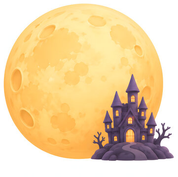 할로윈 거대한 보름달과 보라색 유령 성 으스스한 밤 Halloween giant full moon and purple haunted castle spooky night