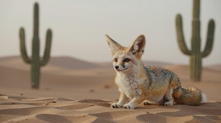 Fototapeta premium A charming desert fox rests gracefully on the sandy terrain, surrounded by towering cacti. The warm sunlight highlights its beautiful fur, creating a tranquil scene in nature.