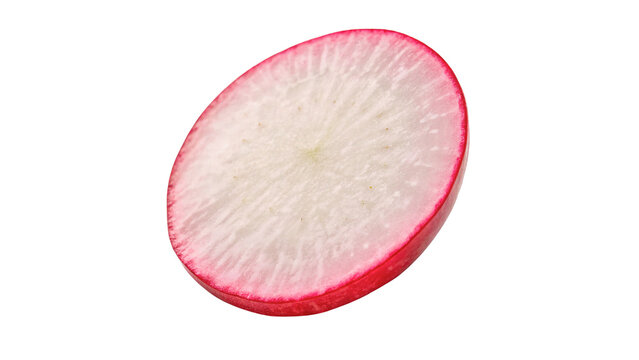 Single fresh cut round slice of pink radish root isolated on transparent background