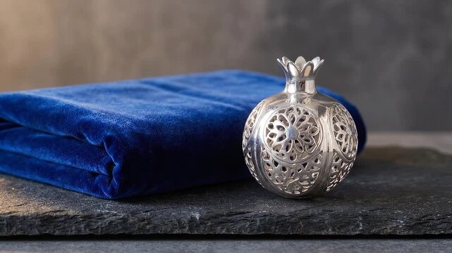 Silver Torah Ornament on Blue Cloth for Simchat Torah