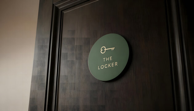 Green Circular Sign Written The Locker with Key Icon on Dark Wooden Door