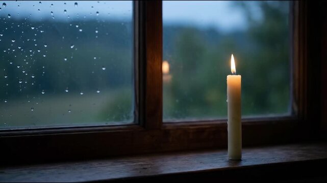 Candle by Rainy Window for Spiritual Reflection