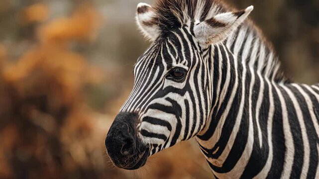 Close up portrait of a wild zebra standing in the African savanna with blurred background.