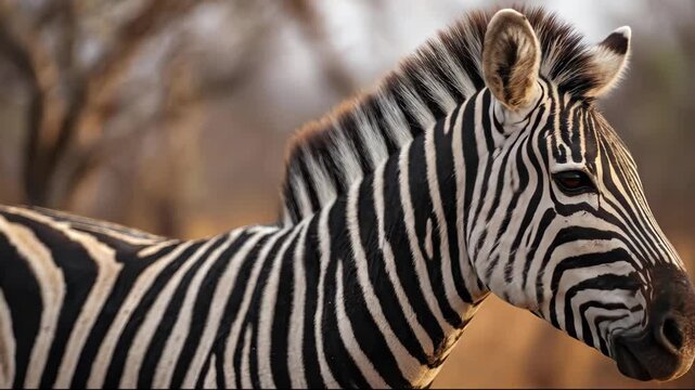 Close up portrait of a wild zebra standing in the African savanna during golden hour.
