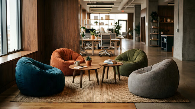 Bright contemporary office lounge with colorful bean bag seating.