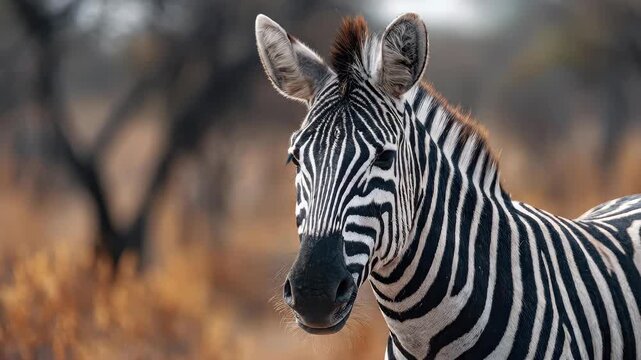 Portrait of a wild zebra standing in the African savanna with natural bokeh background.