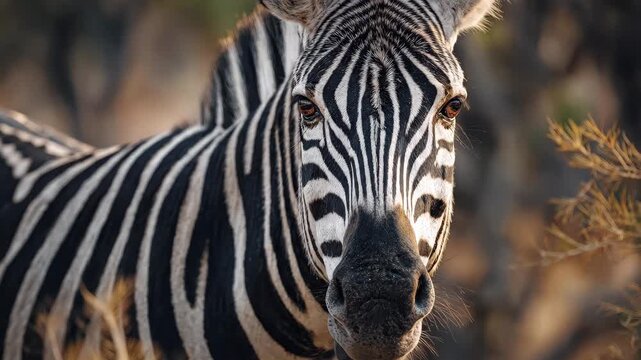 Close up portrait of a wild zebra standing in the African savanna during golden hour.