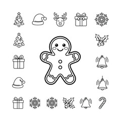 Fototapeta premium Cute Christmas Icons Set: Gingerbread Man, Tree, Gift, Snowflake, Bell, Holly, Hat, Candy Cane