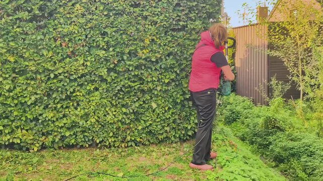Woman trims bushes with electric trimmer in a garden setting