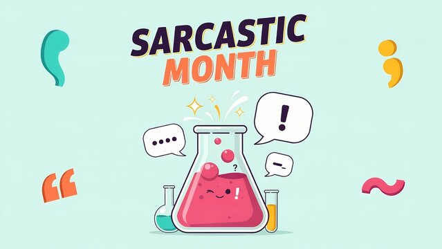 Sarcastic month text with cute laboratory glass beakers and colorful punctuation marks illustration