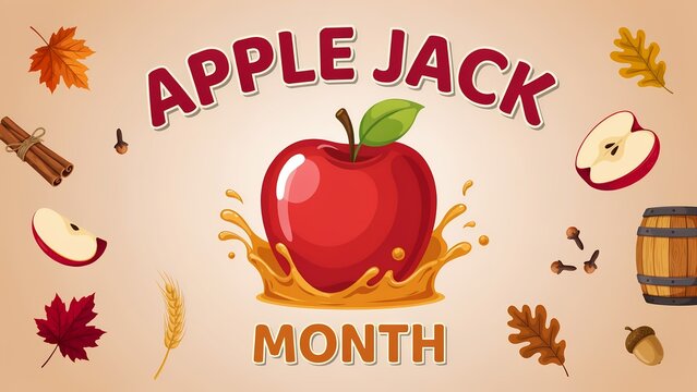 Apple jack month illustration with red apple splashing in juice and autumn leaves and spices
