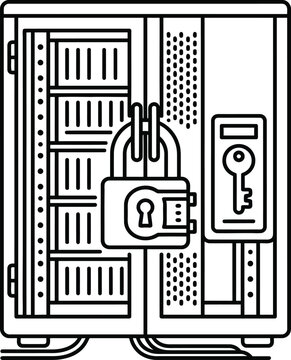 Outline icon of a secure server cabinet with a padlock.