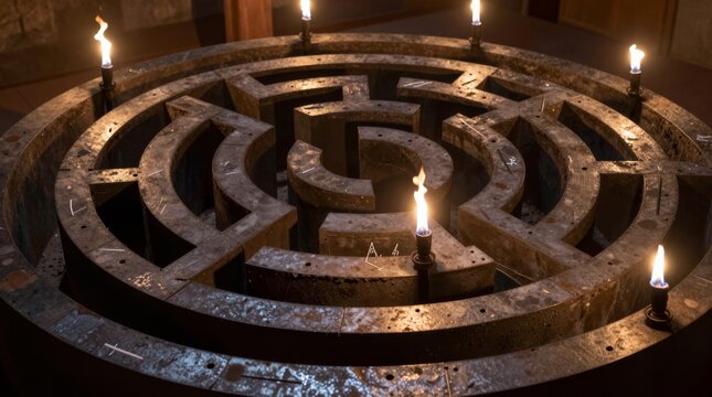 A captivating maze design illuminated by flickering candle flames, showcasing intricate metal patterns. The warm glow creates a mysterious and enchanting atmosphere.