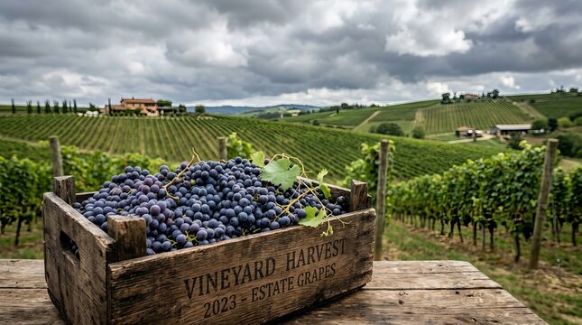 Freshly harvested grapes in rustic wooden crate on vineyard pathway.