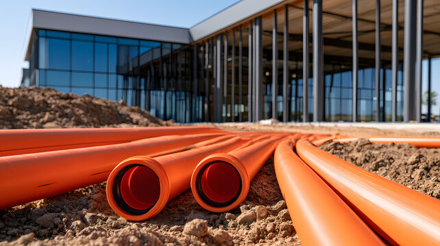 Orange plastic utility pipes laid on dirt ground outside a modern building under construction for plumbing and electrical work infrastructure development project site in daytime lighting condition pho
