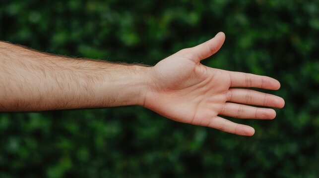 A close-up photo of an outstretched male arm and hand against a blurred green foliage background.