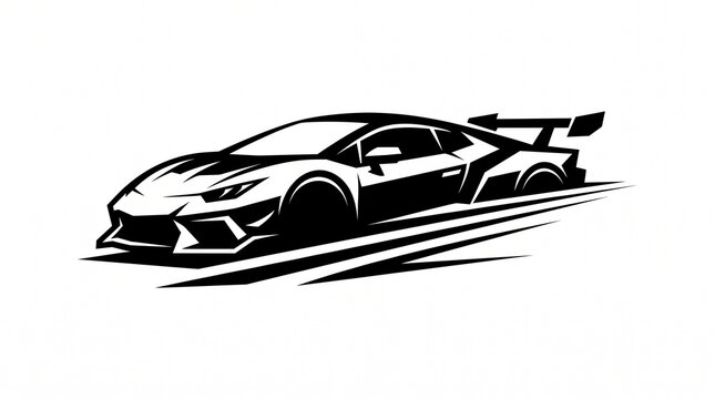 Sleek Black and White Sports Race Car Illustration With Wing Spoiler and Motion Lines