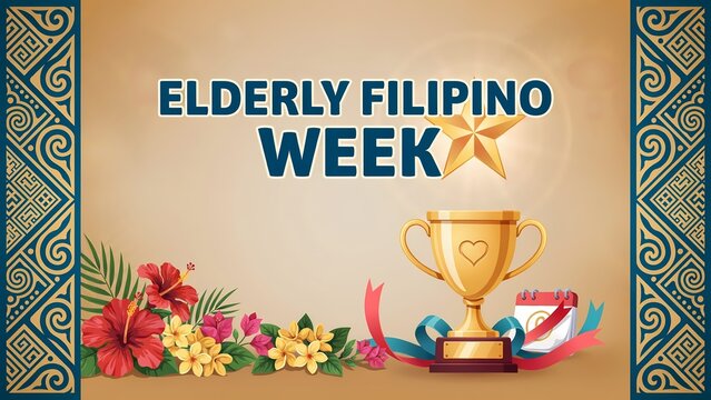 Elderly filipino week celebration banner with golden trophy and tropical flowers in philippines style