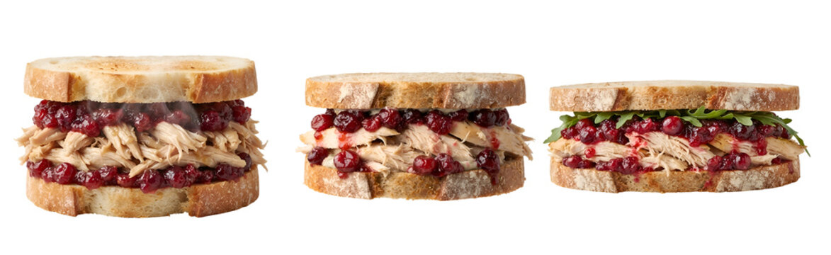 Delicious roast turkey and fresh cranberry sauce sandwiches arranged in a row with rustic artisan bread slices presented as isolated food items on transparent background