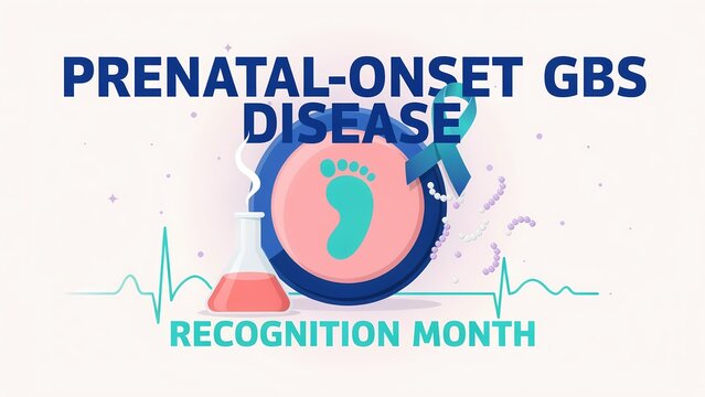 Prenatal onset gbs disease recognition month awareness design with baby footprint and blue ribbon
