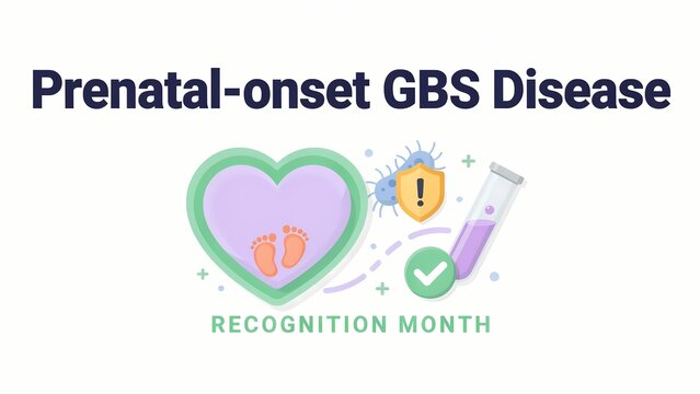 Prenatal onset gbs disease awareness graphic with heart and medical test tube icons