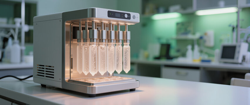 Cryogenic storage chamber with illuminated sample vials in laboratory setting