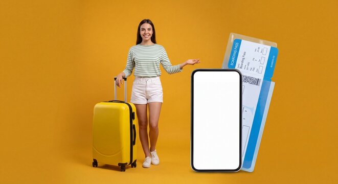 A smiling woman standing with a yellow suitcase next to a large mobile phone with smartphone blank screen pass yellow background stands beside yellow