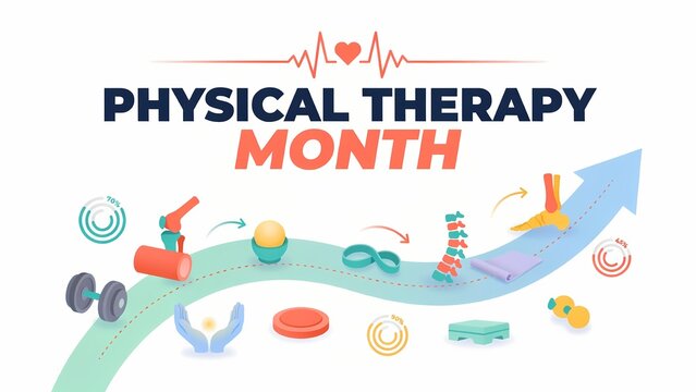 Physical therapy month banner with icons for rehabilitation exercise and medical health care
