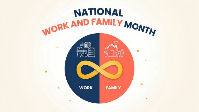 National work and family month celebration banner with balance icon and text design