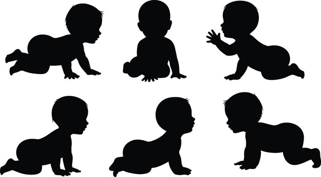 Multiple baby silhouettes crawling and sitting in different poses against a white background for concept development