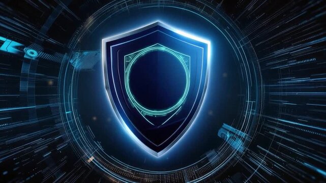 A glowing shield emblem represents digital security and data protection within a futuristic technological interface. ..Created with Generative AI, not depicting real subjects.