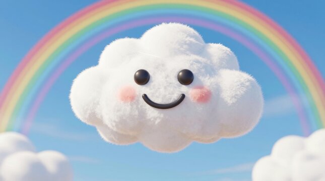 A cheerful cartoon cloud with a smiley face floats under a vibrant rainbow in a clear blue sky. This whimsical scene brings joy and positivity.
