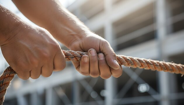 Determined hands pull a strong rope together against a construction site background