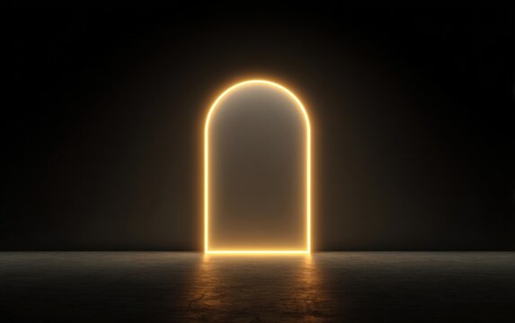 A glowing golden archway standing in a dark room with a reflective floor creating a mysterious and modern minimalist background design