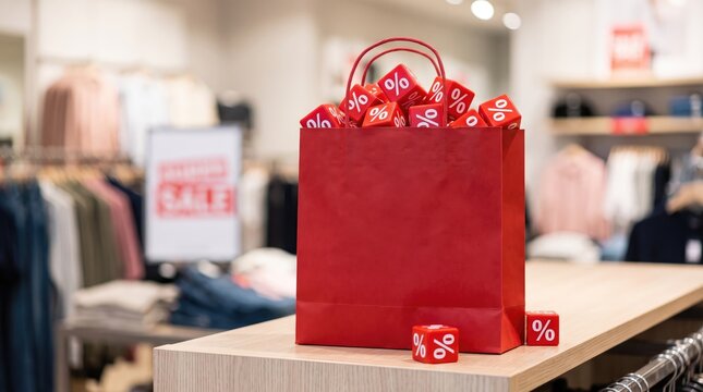 Black Friday shopping bag with percent discount symbols in clothing store retail sale