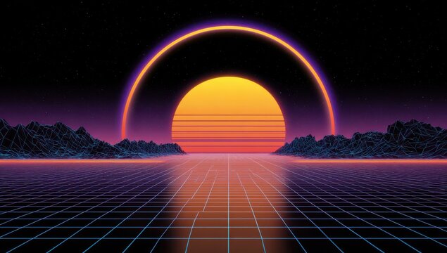 A vibrant retro synthwave landscape featuring a glowing golden sun setting over a digital grid horizon with a purple neon arch