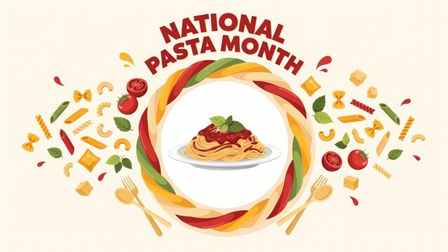 National pasta month design with spaghetti plate and ingredients surrounding the text label