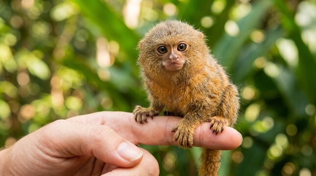 Close-up of a small marmoset monkey on a human hand in nature.