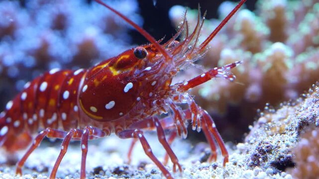 Close-up of a vibrant red spotted shrimp in a coral reef aquarium, underwater marine life
