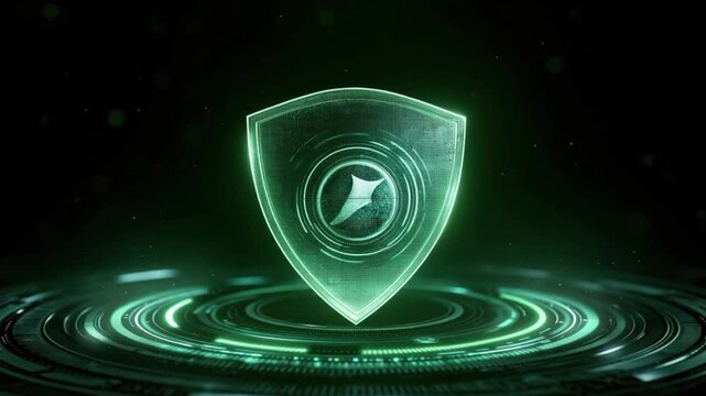 A futuristic, glowing shield emblem symbolizes digital security and protection. ..Created with Generative AI, not depicting real subjects.