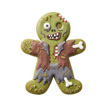 Halloween Zombie Gingerbread Man Cookie Decorated with Green and Brown Icing Isolated on White Background 