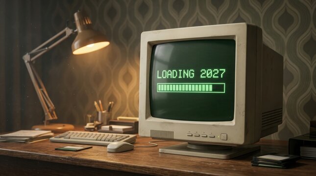 Retro computer loading 2027 with progress bar on screen in dimly lit vintage office