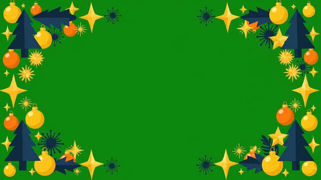 Animated Christmas tree frame with gold ornaments and star vector motion graphics background loop for holiday video production projects, greeting cards and seasonal events.