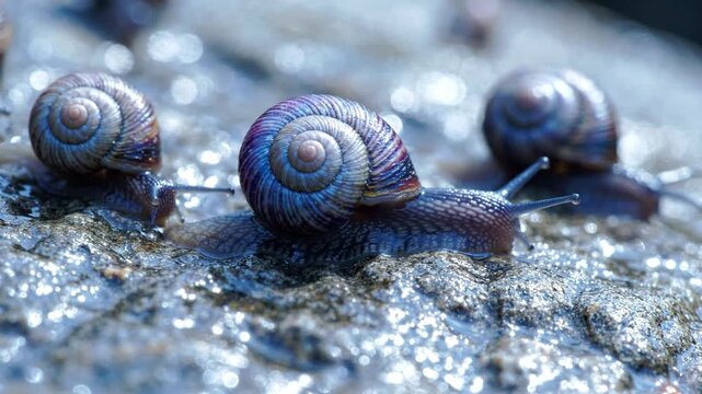 Close-up of two snails with spiral shells moving on a wet, rocky surface
