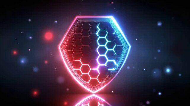 A futuristic shield emblem with glowing neon edges, split into red and blue hexagonal patterns, floats in a dark, particle-filled space. ..Created with Generative AI, not depicting real subjects.