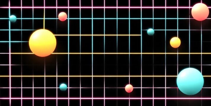 Abstract digital background featuring colorful glowing planets arranged on a dark grid pattern representing a futuristic space or science fiction concept