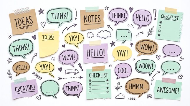 Colorful Hand-Drawn Speech Bubbles and Sticky Notes Collection.