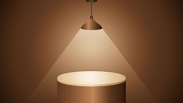 Empty Cylindrical Pedestal Stage with Hanging Pendant Lamp in Dark Warm Room